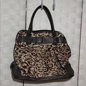 Leopard Print Leather Shoulder Bag with Dark Taupe  Accents